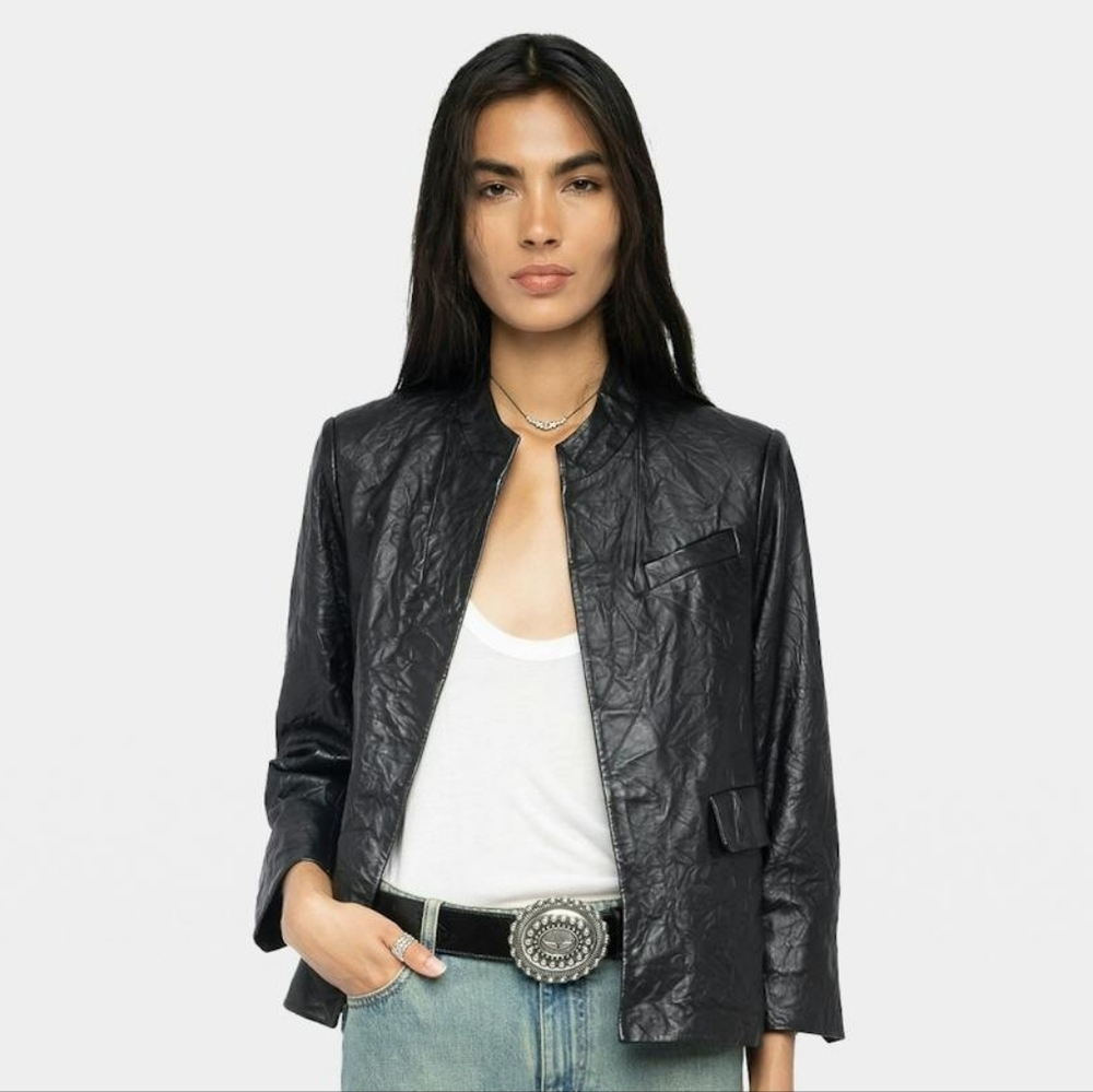 Zadig & Voltaire Veryn Crinkled Leather Blazer Size 34 NWT